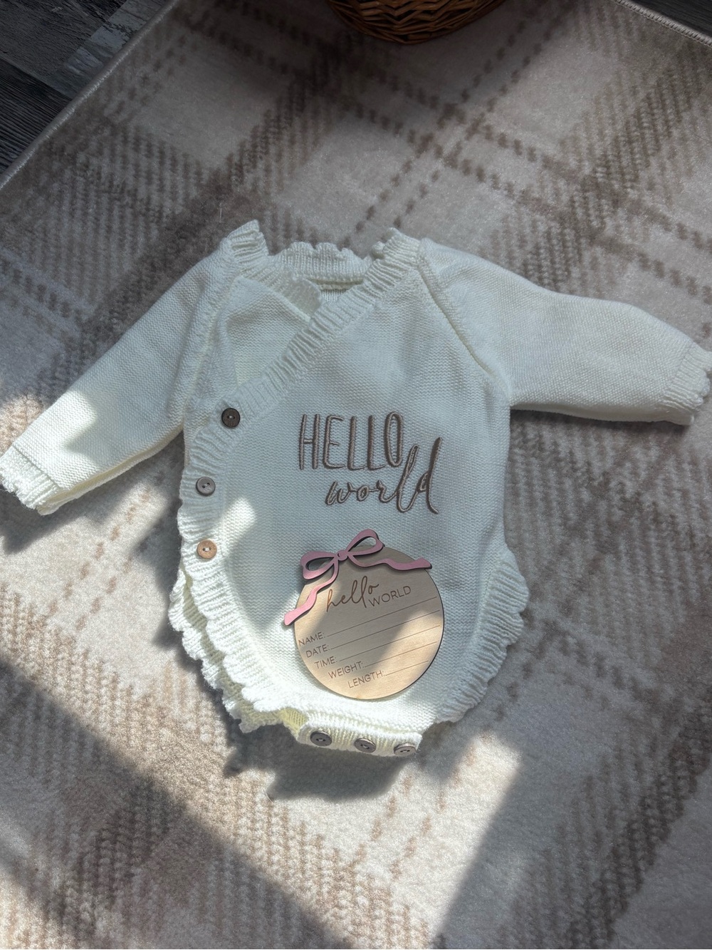 Baby Knit Wrap Romper "Hello World" in Cream and announcement sign
